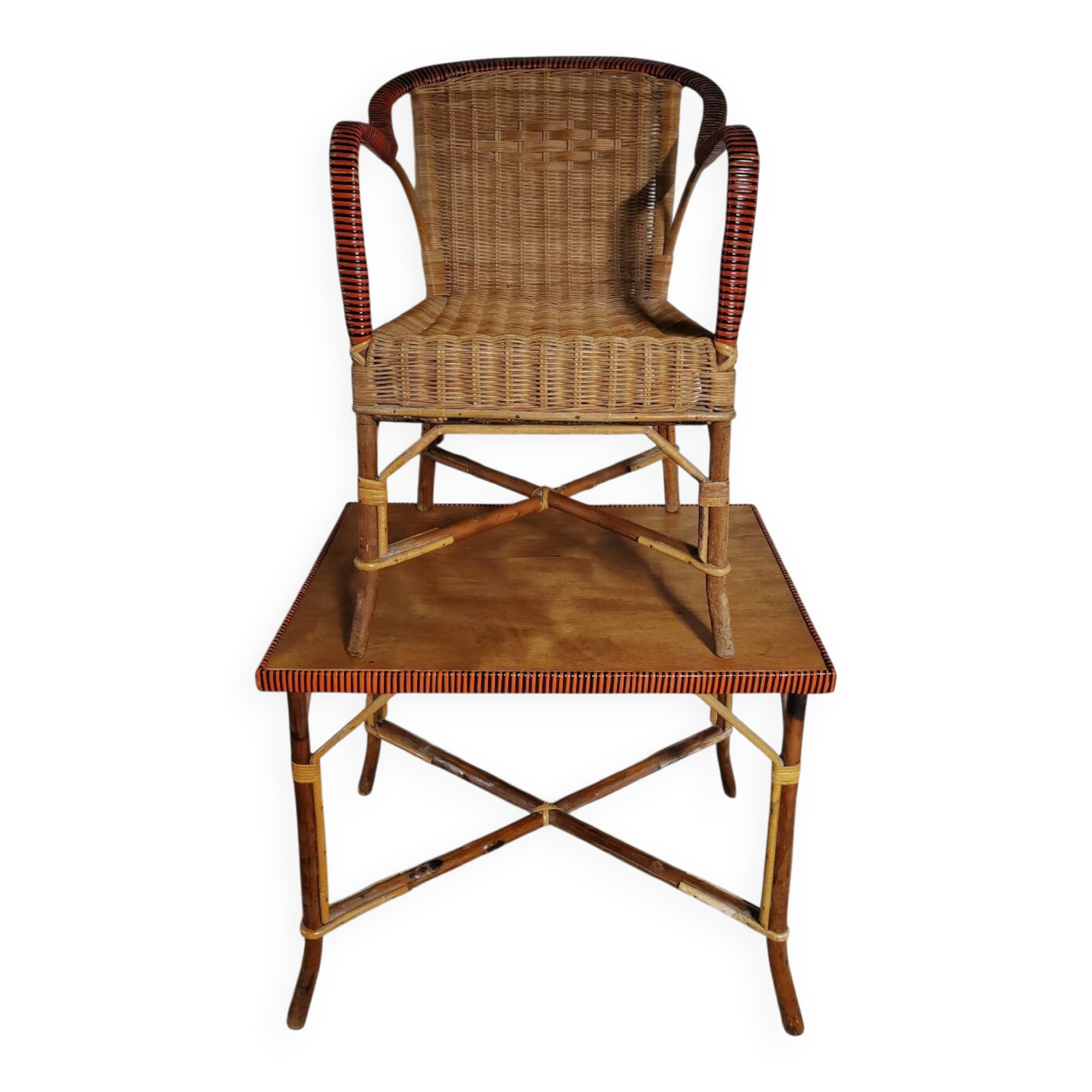 Table et fauteuil rotin vintage