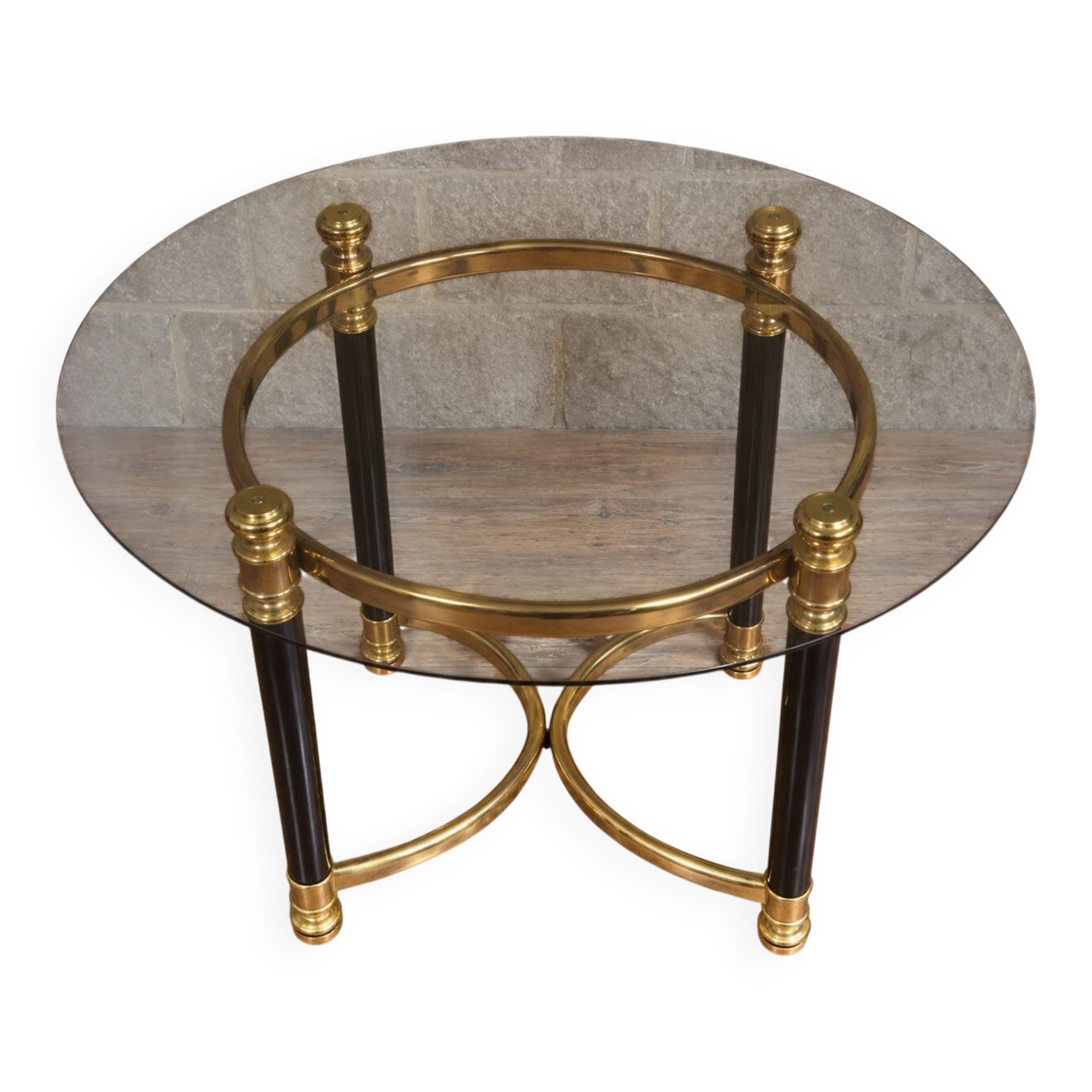 Round side table in brass and smoked glass – 1970s