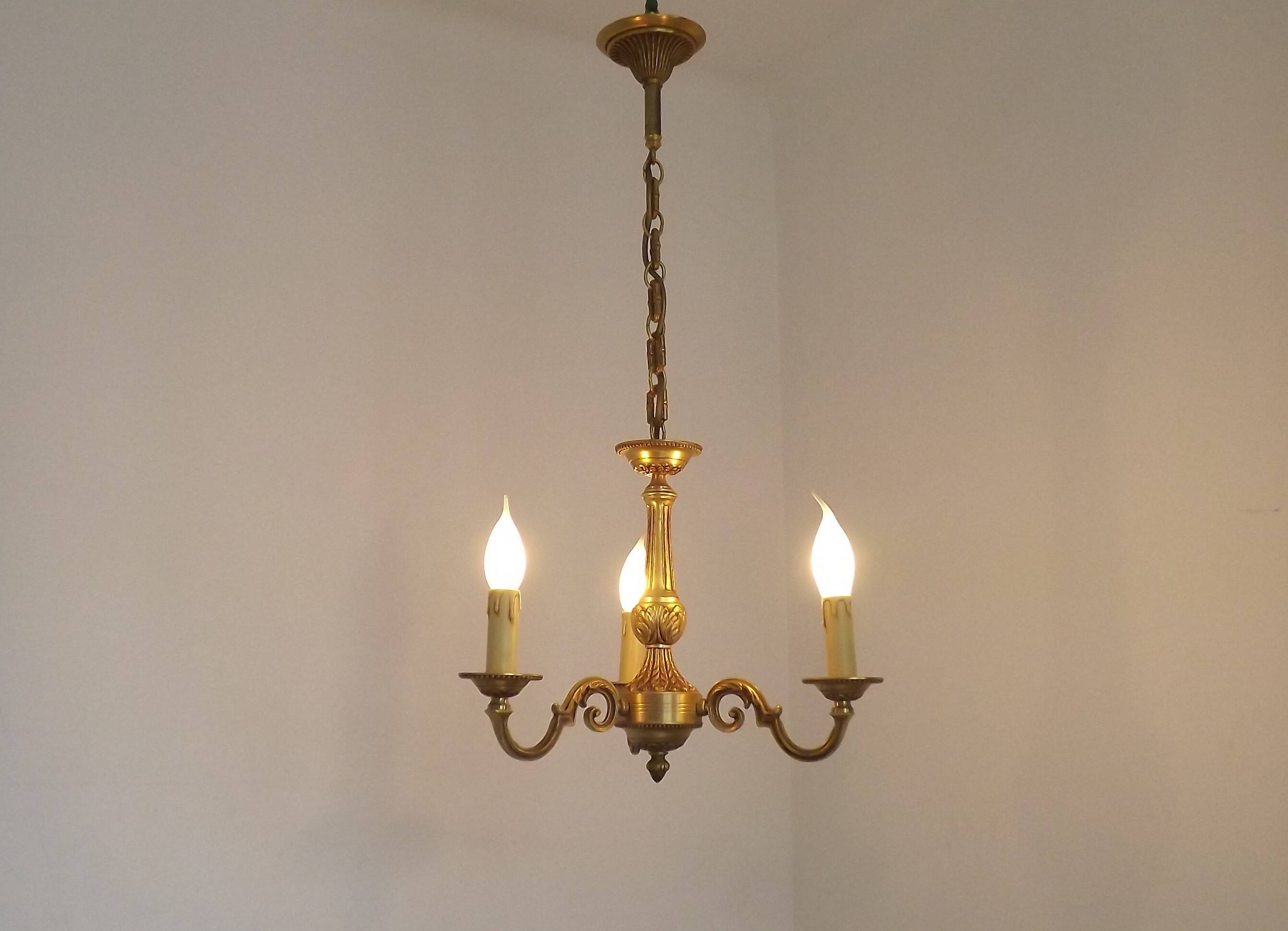 French Vintage Mid-Century Bronze 3-Light Traditional Style Chandelier