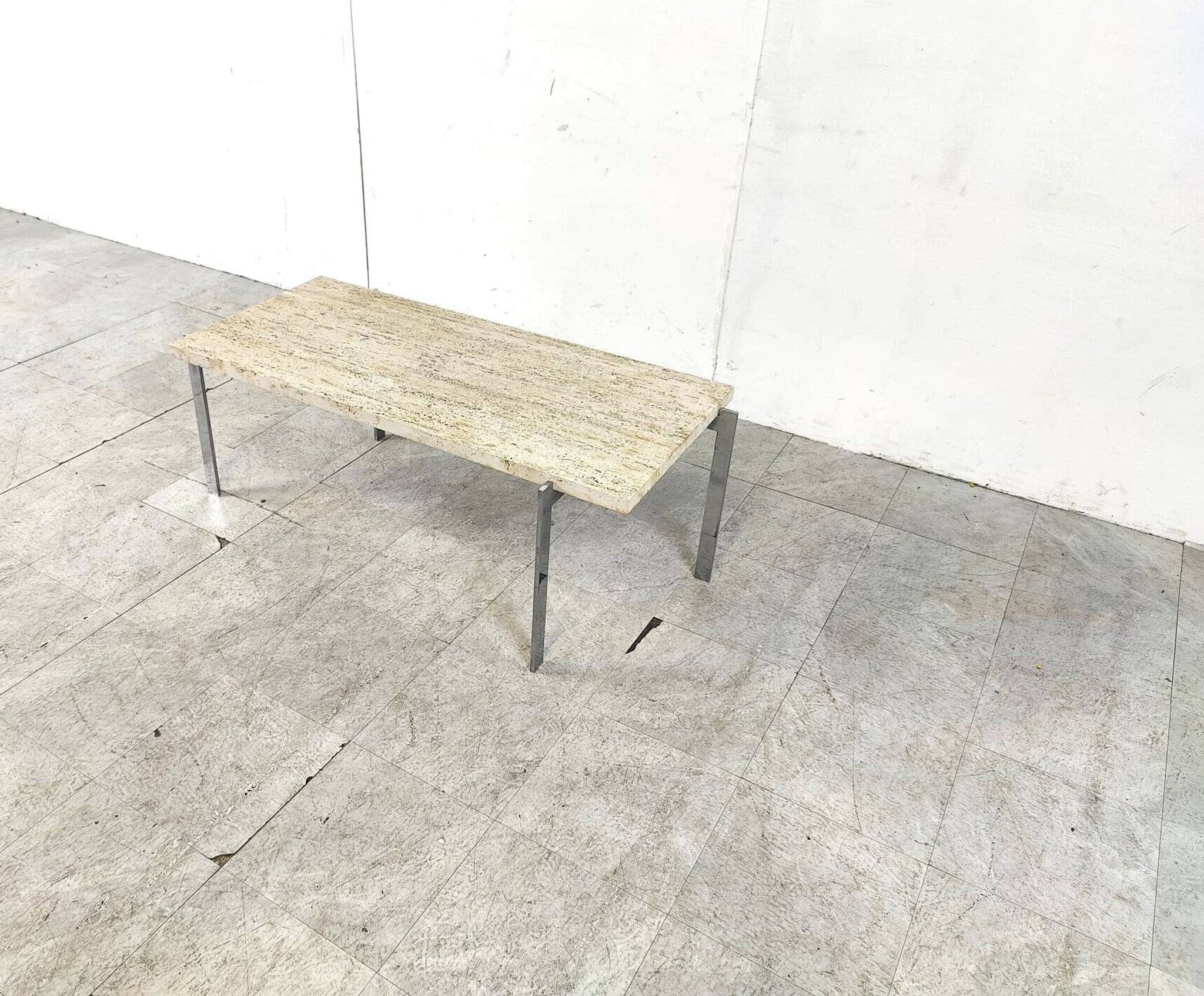 Table basse vintage en travertin et chrome, années 1970