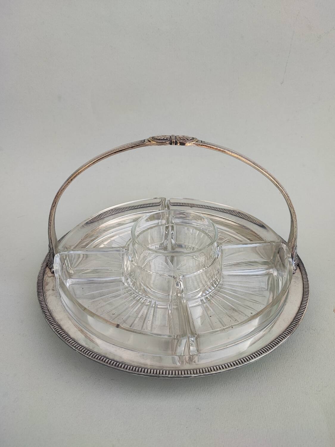 Silver plate and glass crudité serving dish