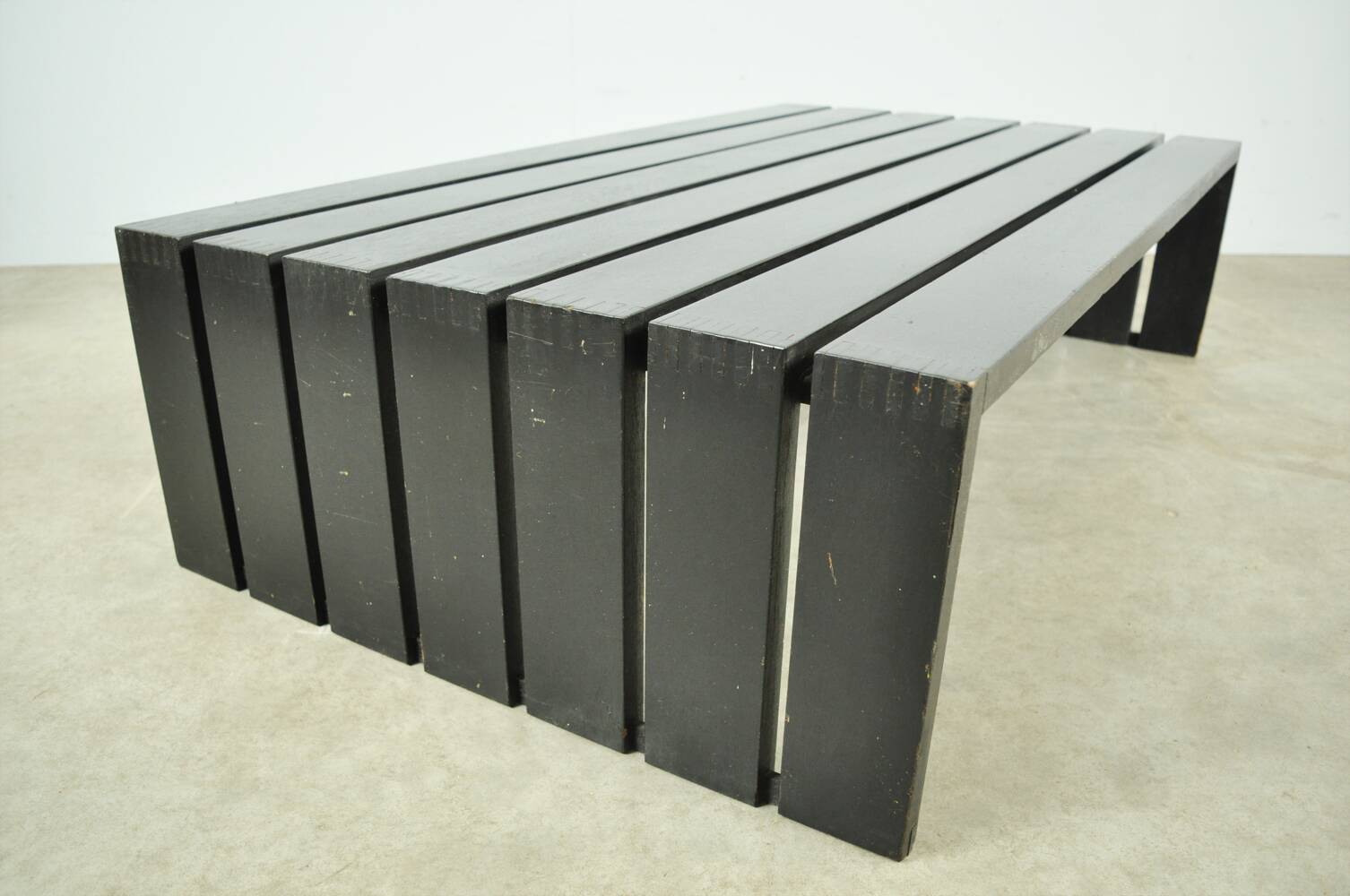 Vintage handmade wide SLATTED bench / side table, Netherlands 1970s