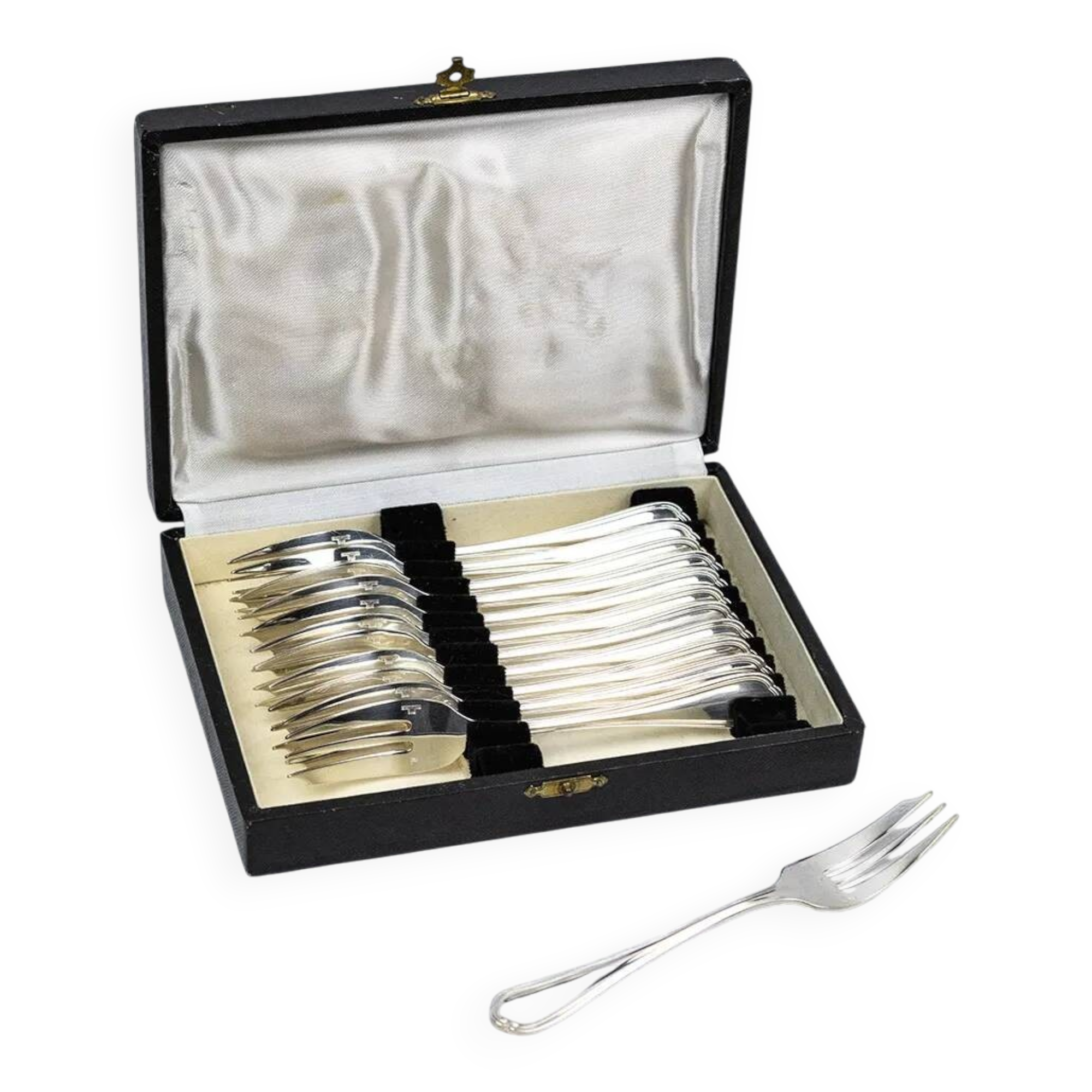 Christofle – 12 Spatours dessert forks in silver-plated metal, with case.