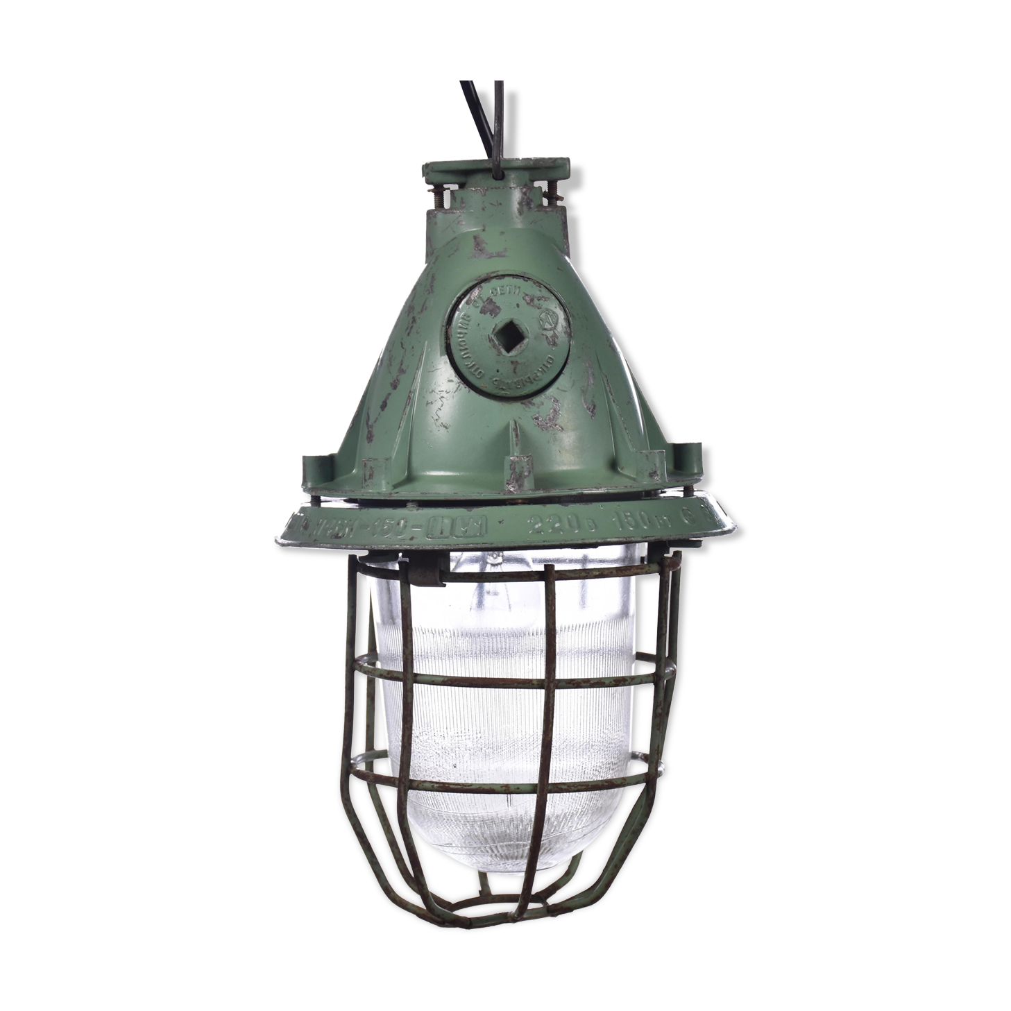 Industrial caged green lamp