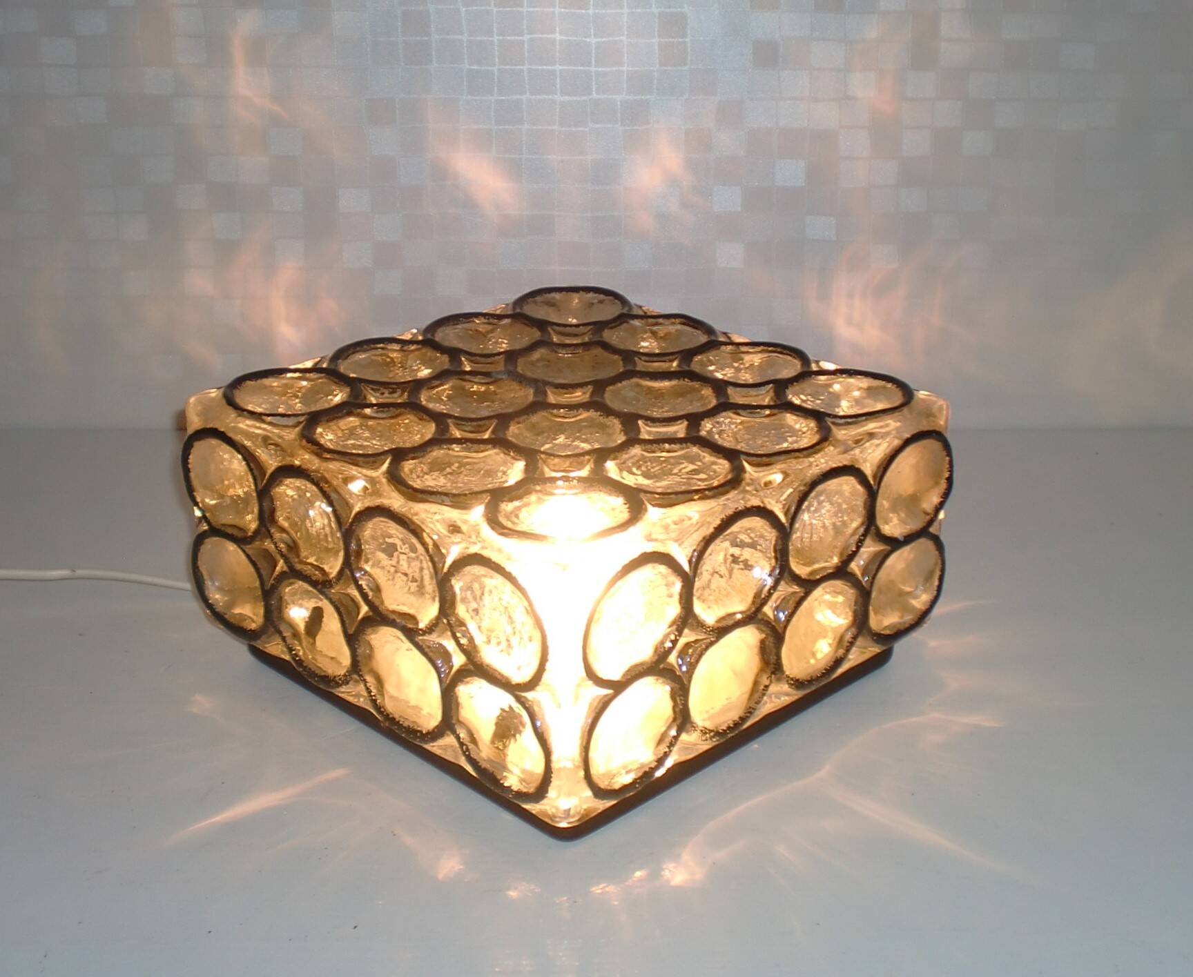 Vintage 1960s German iron ring glass ceiling lamp by Limburg