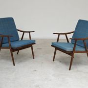 Pair of blue boomerang armchairs by Antonin Suman for Ton (Thonet) 1960