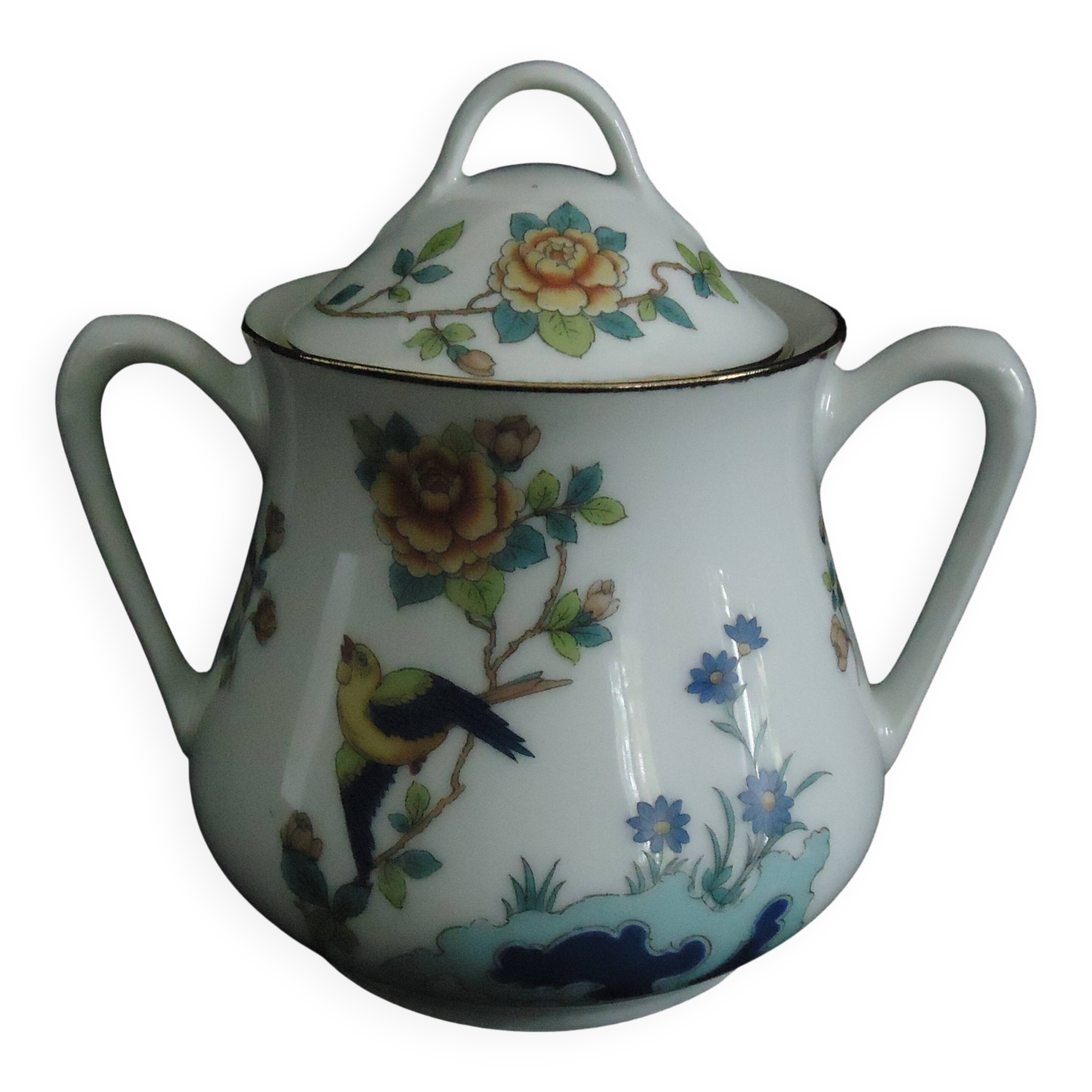 Limoges sugar bowl Michelaud freres exotic bird motif “indiana”