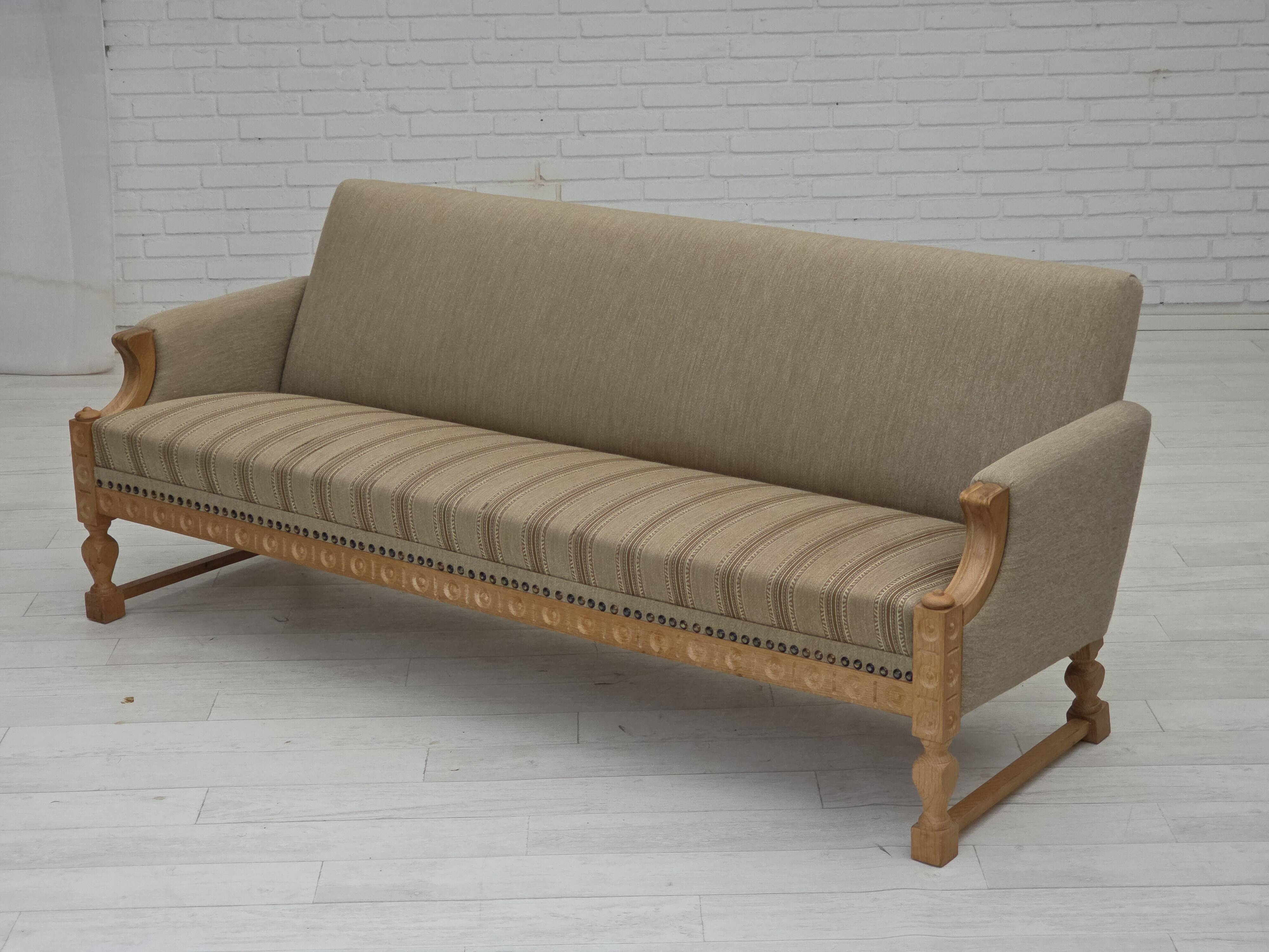 1970s, 3-seater Danish sofa, original beige furniture wool, solid oak wood.