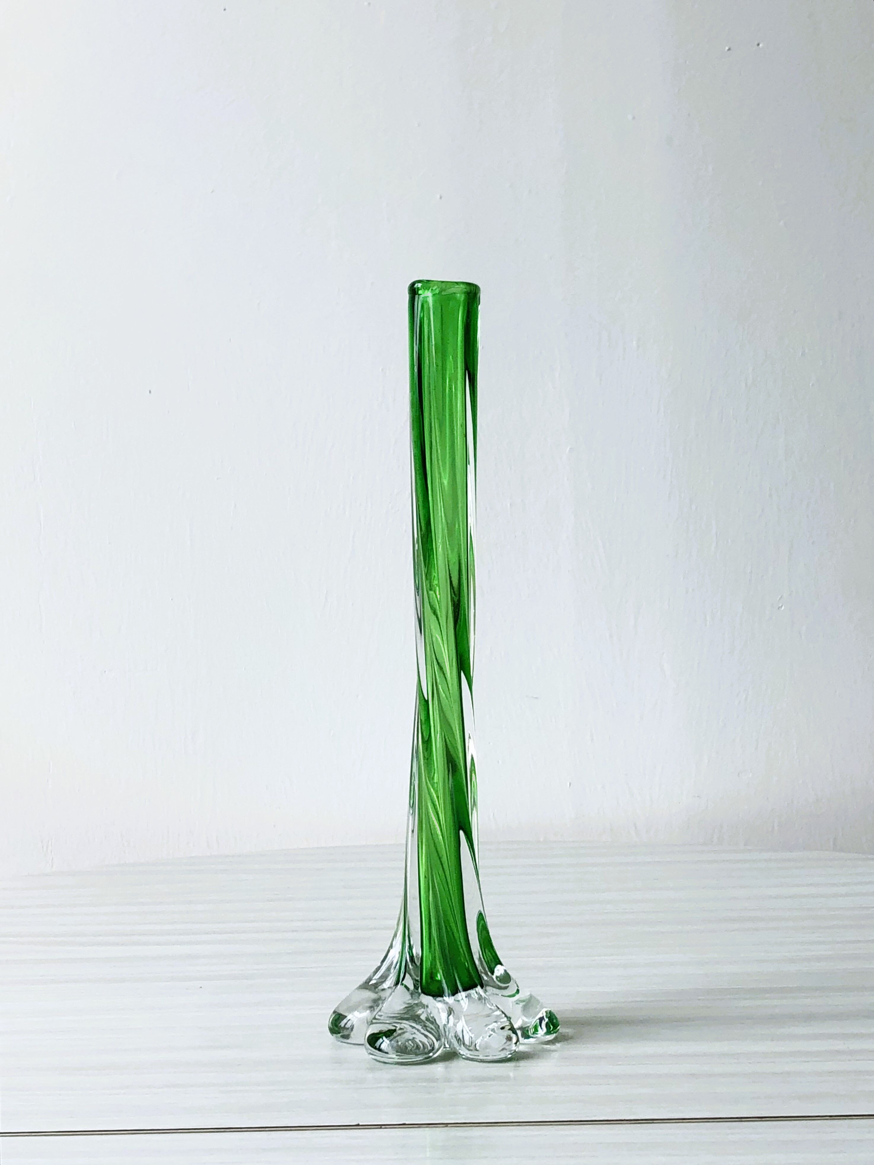 Translucent glass soliflora, long spiral twisted vase with flower-shaped foot