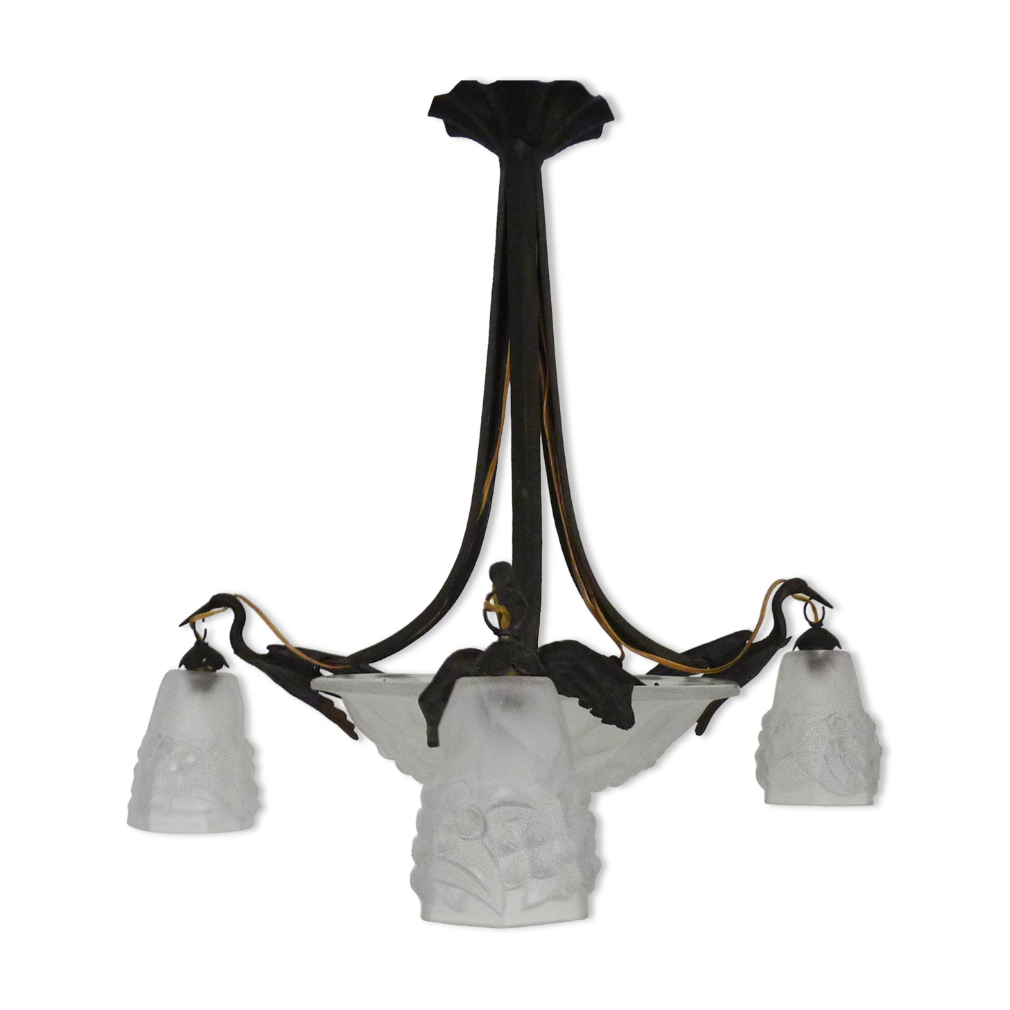Art deco wrought iron chandelier - signed ros (degué) decoration birds