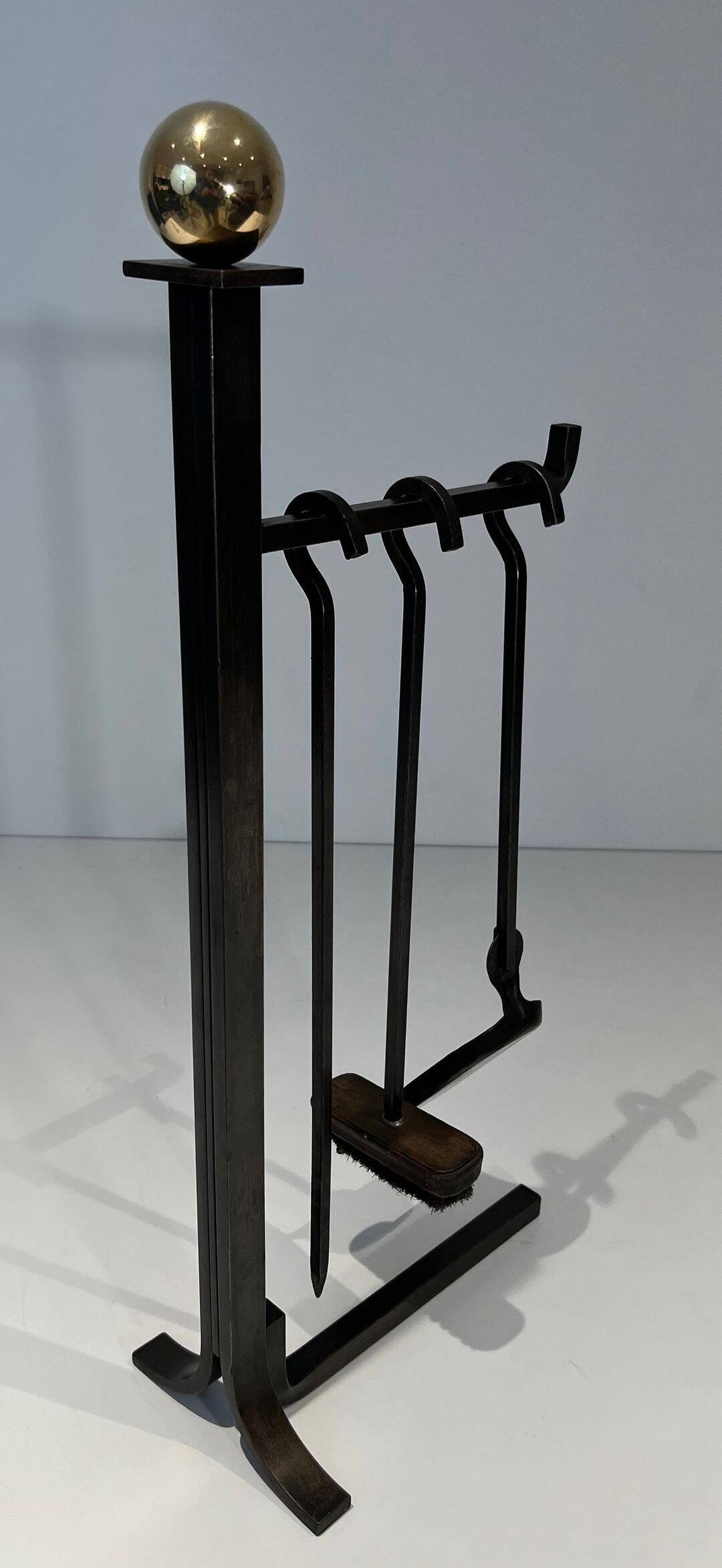 Modernist Fire Necessities in Steel and Brass with Hanging Tools, in the