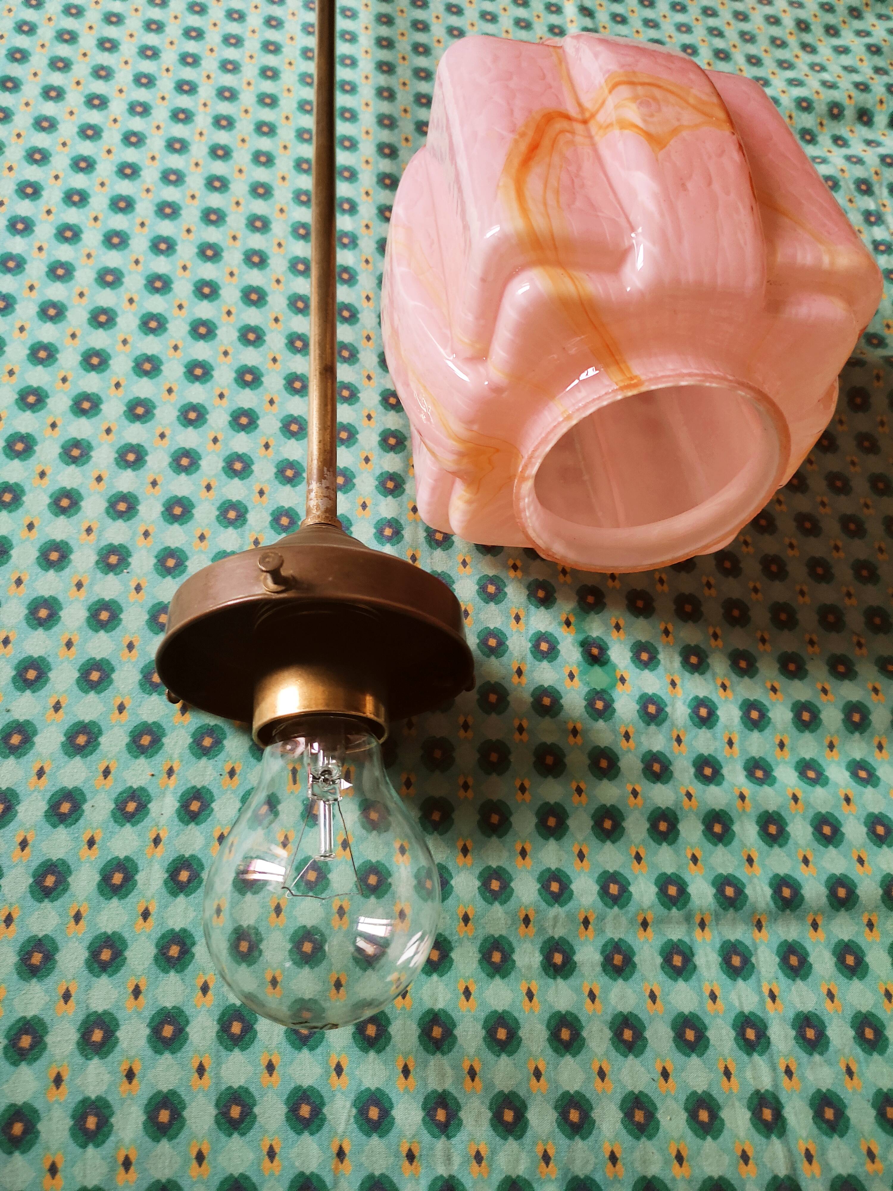 Art Deco pendant lamp in pink glass