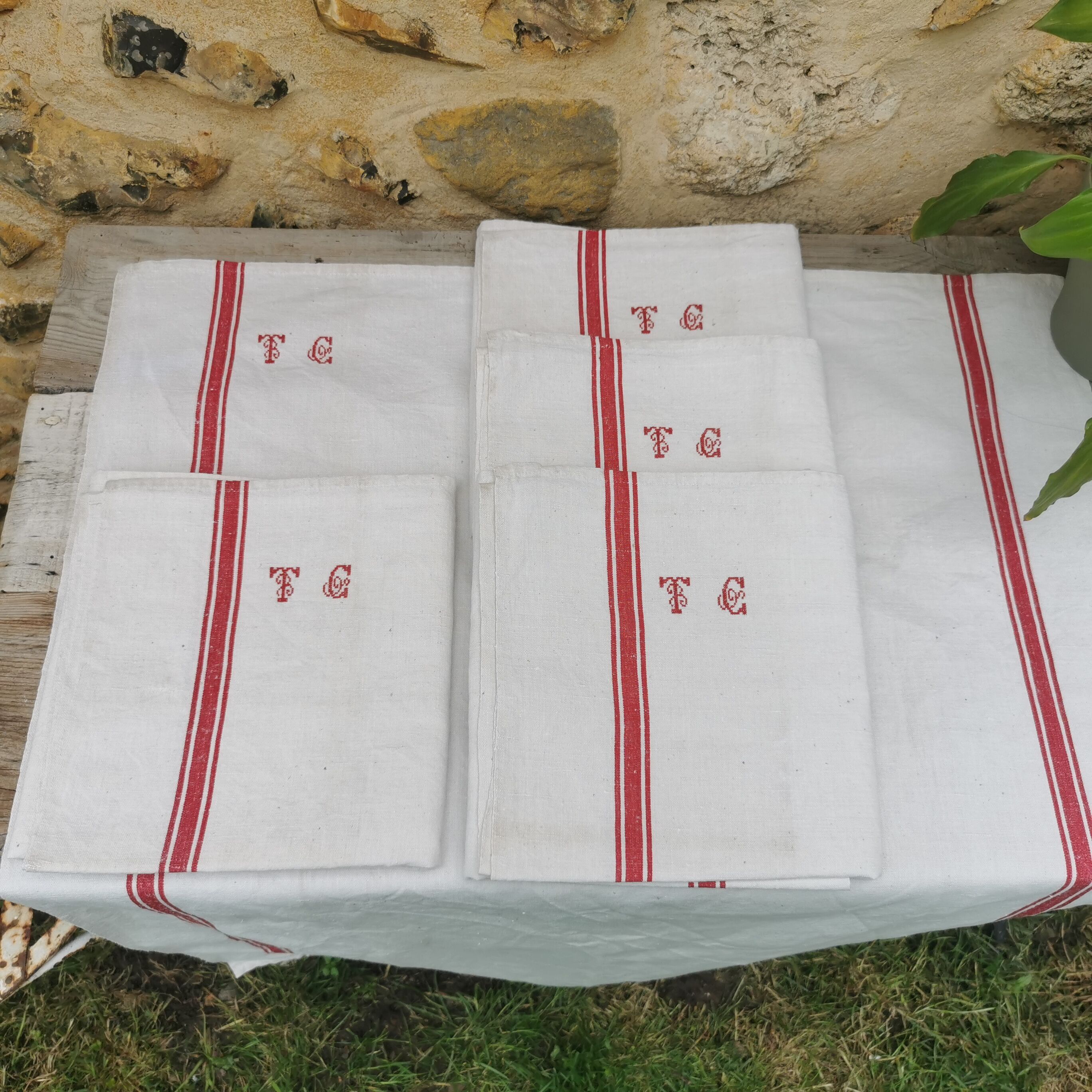 5 old monogrammed tea towels