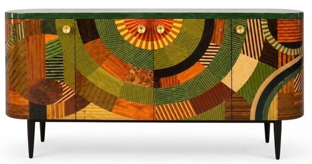 A beech wood Art Deco sideboard with polychrome marquetry.