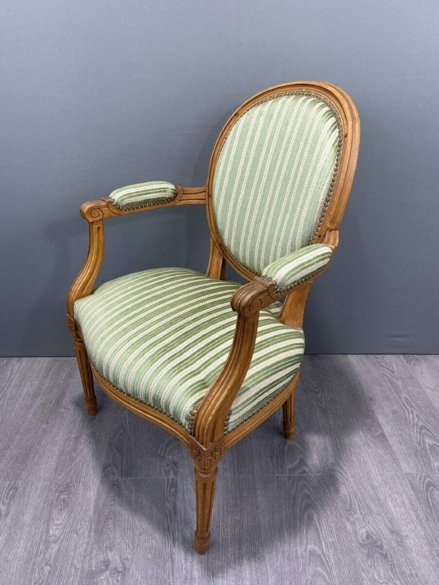 Pair of Louis XVI Style Armchairs with Green Striped Fabric 20th Century