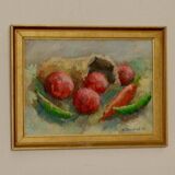 Huile sur panneau suédoise originale « Nature morte aux produits » par A. Kondrell