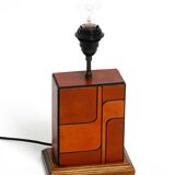 Italian 60s table lamp made of wood and leather with paper straw lampshade