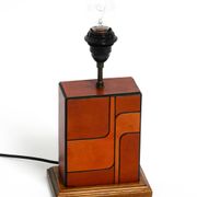 Italian 60s table lamp made of wood and leather with paper straw lampshade