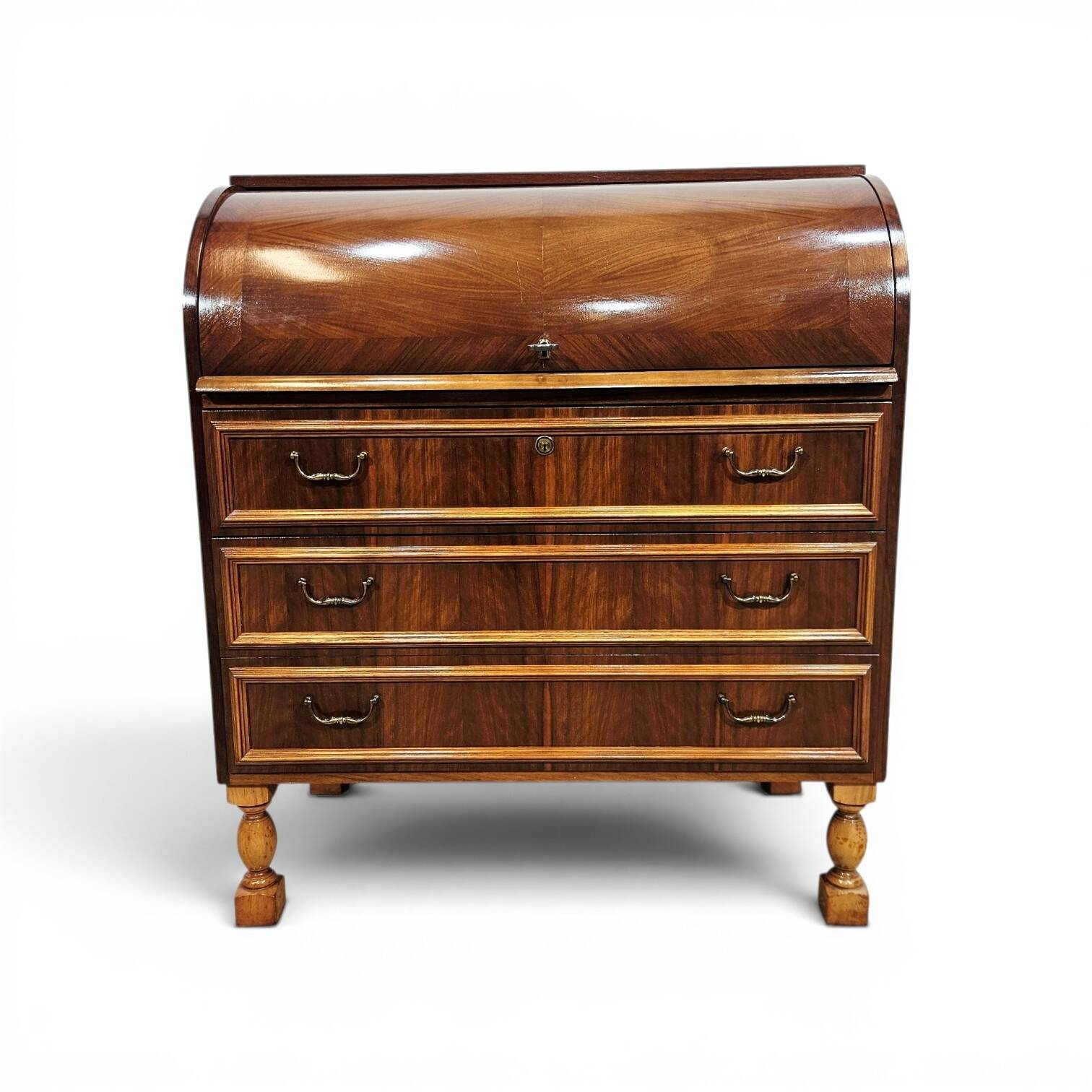 Walnut cylinder-roll-top secretary desk, 1970s.