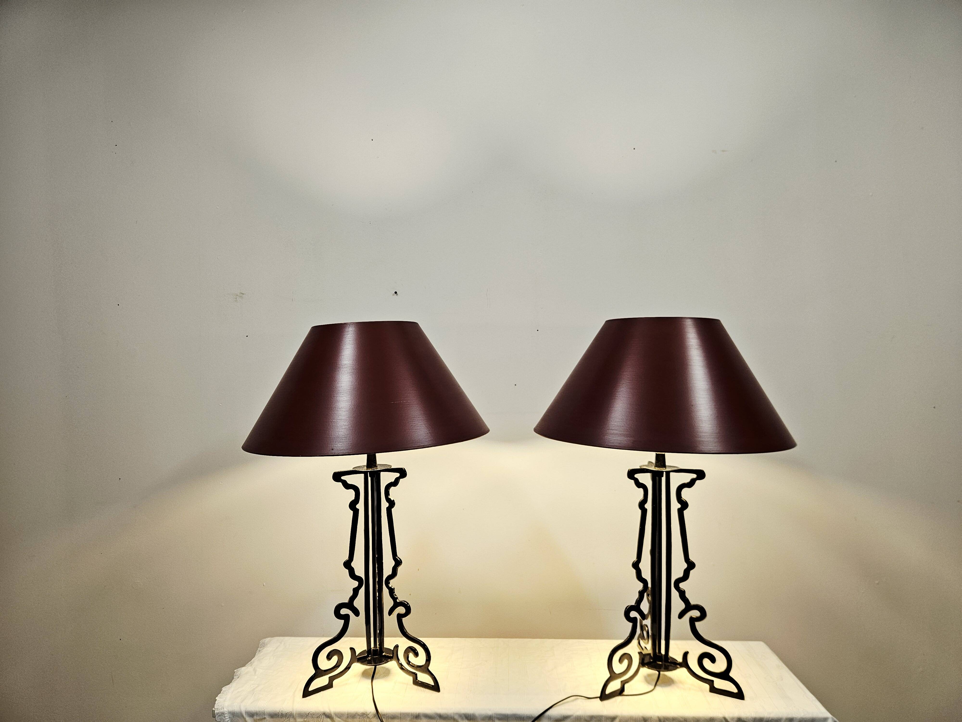 Paire Unique de Lampes de Table/Art Déco/Vintage – Bourgogne et Or/Années 1980