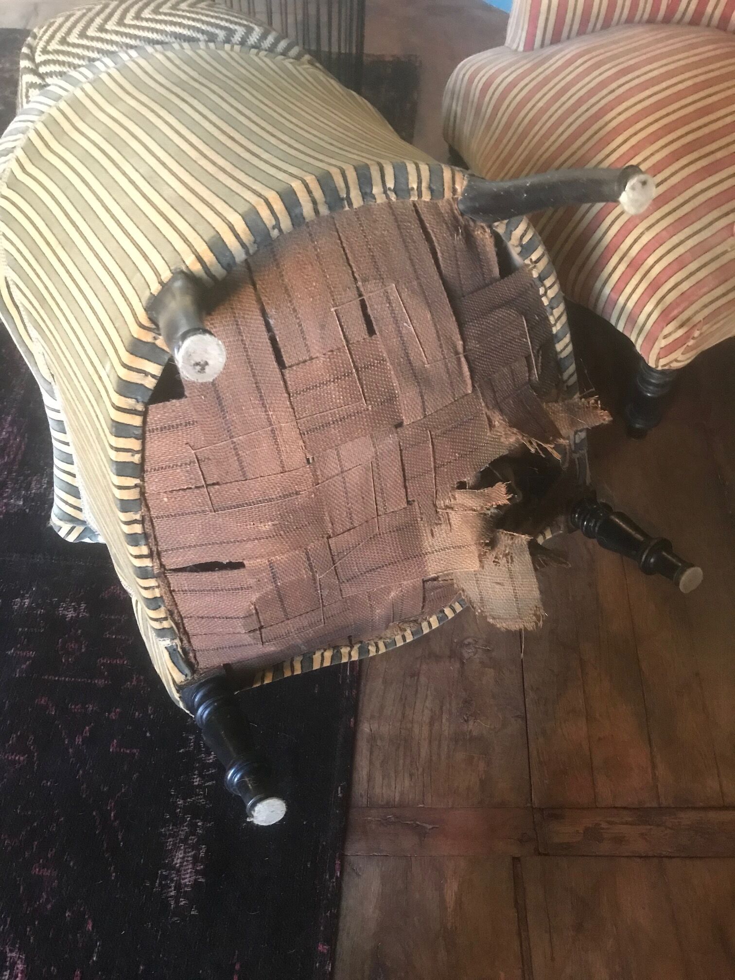 Pair of Original tapestry velvet stripe armchairs.