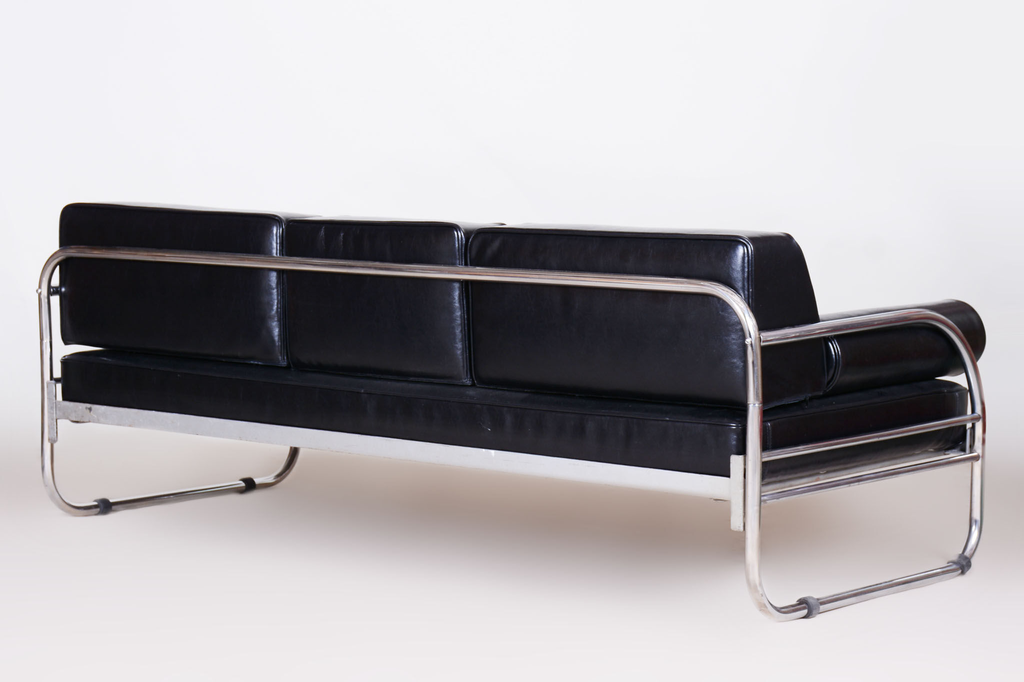 Restored black bauhaus sofa, robert slezak, high-quality leather, chrome-plated steel, 1930s