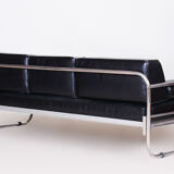 Restored black bauhaus sofa, robert slezak, high-quality leather, chrome-plated steel, 1930s