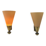 Pair of vintage wall lights, amber glass and patinated brass, France 1960