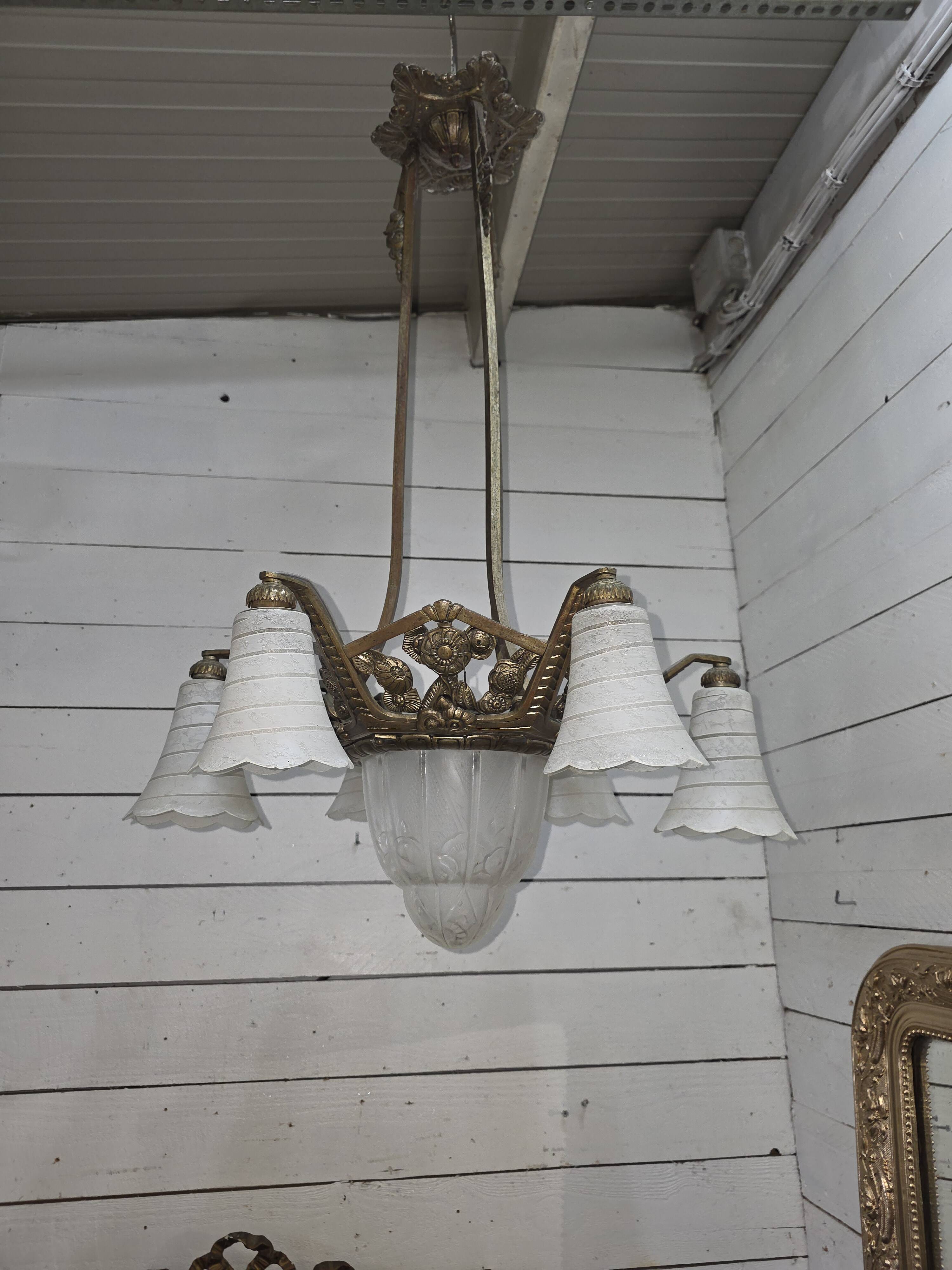 1930s Art Deco bronze chandelier