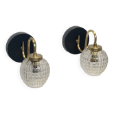 Pair of old swan neck wall lights in brass and tulip in thick transparent glass