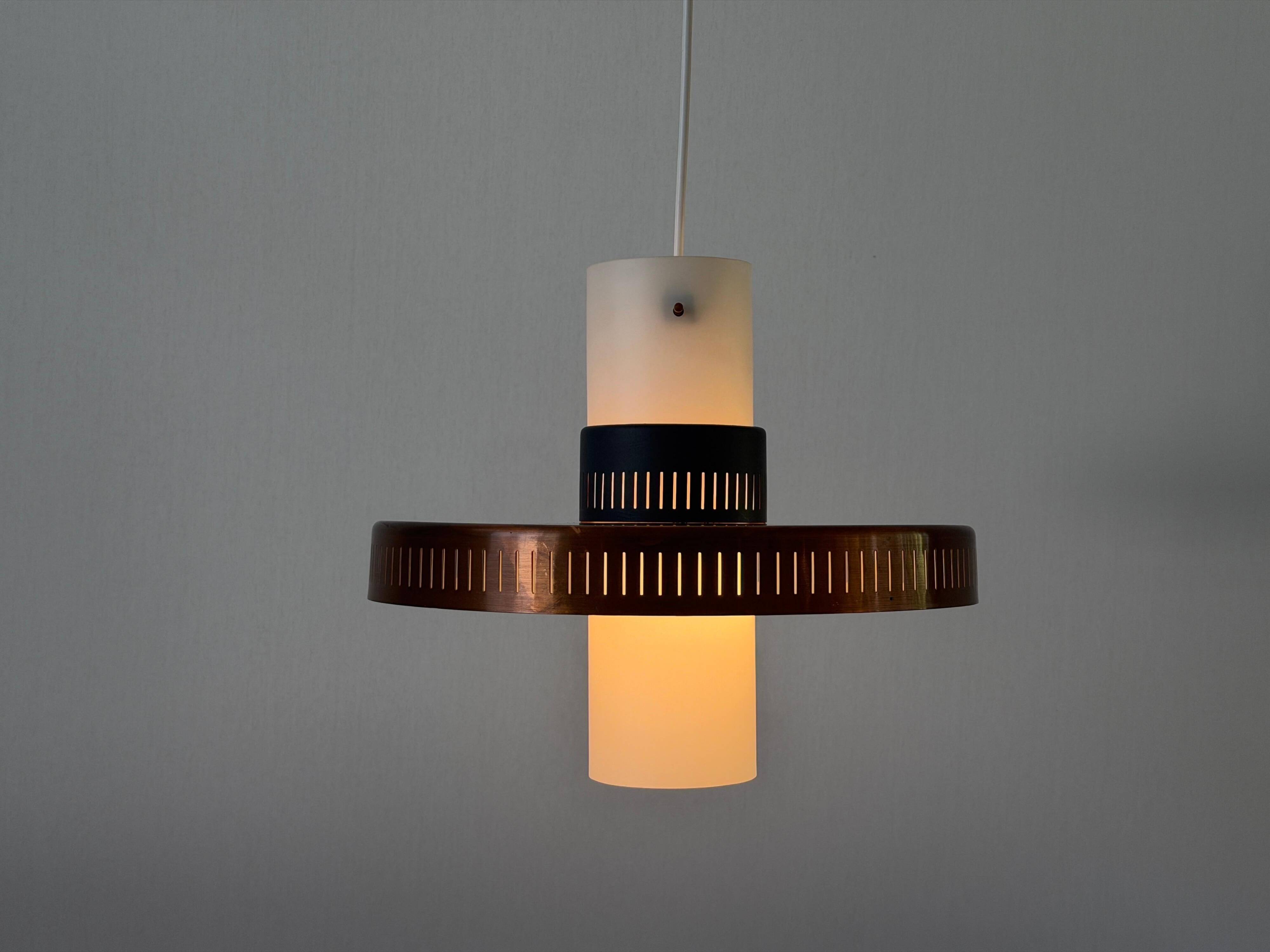 Glass ceiling light with a copper-coloured metal frame, 1960s, Germany.