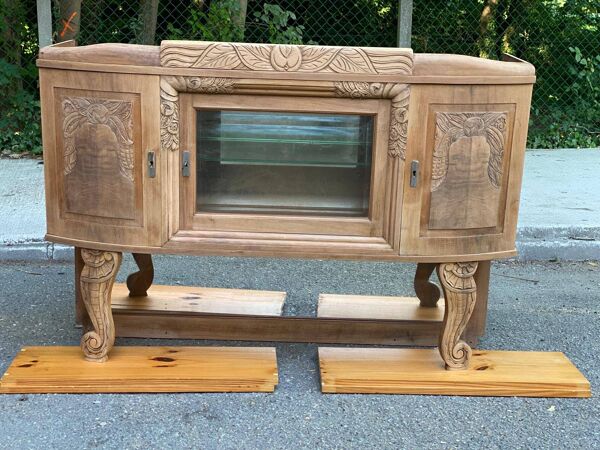 Vitrine vaisselier vintage en bois massif art déco 1940