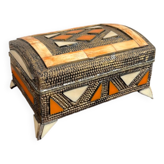 Moroccan jewelry chest brass and bone