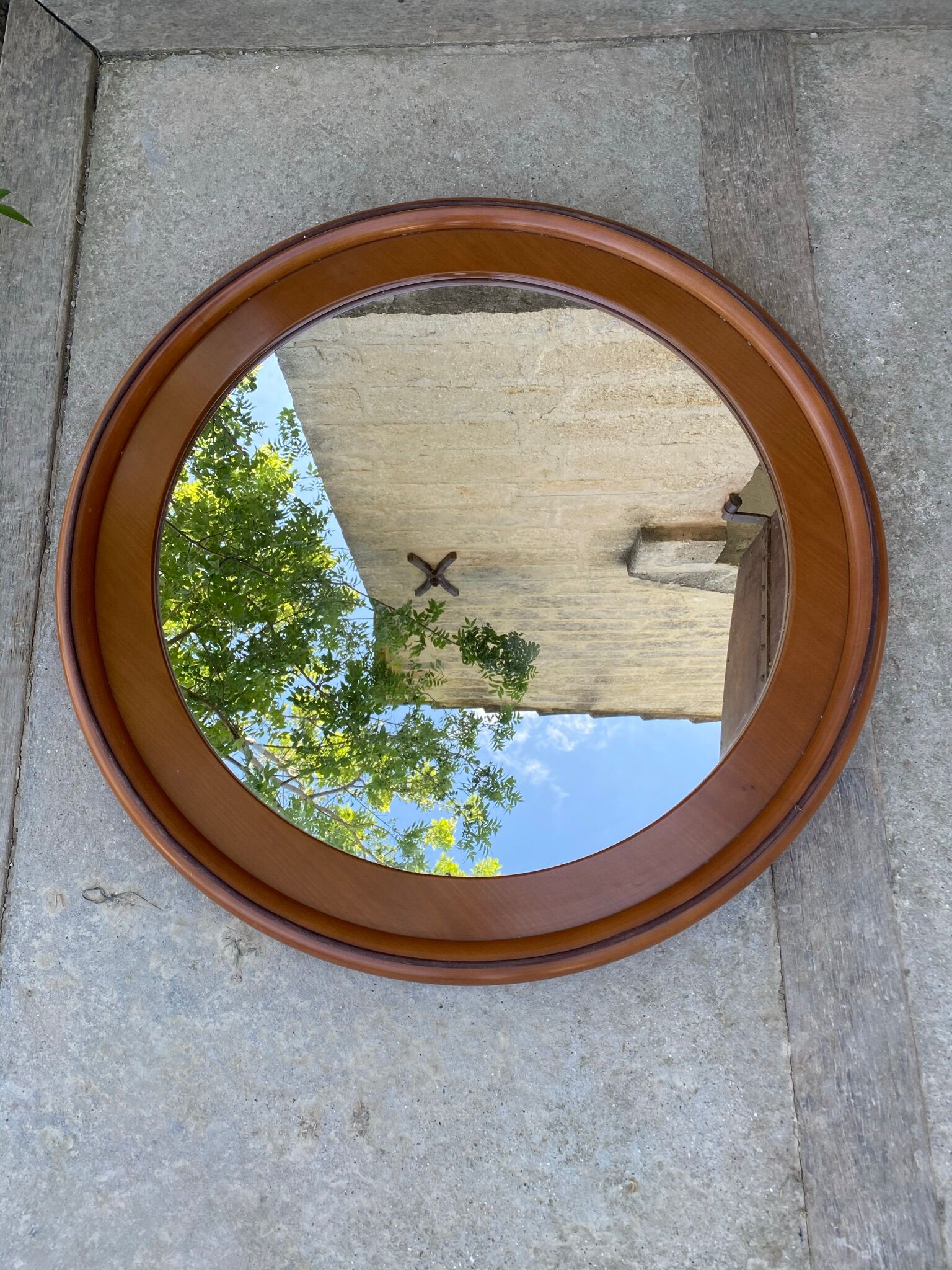 1970 wood and leather 86cm round mirror design