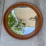 1970 wood and leather 86cm round mirror design
