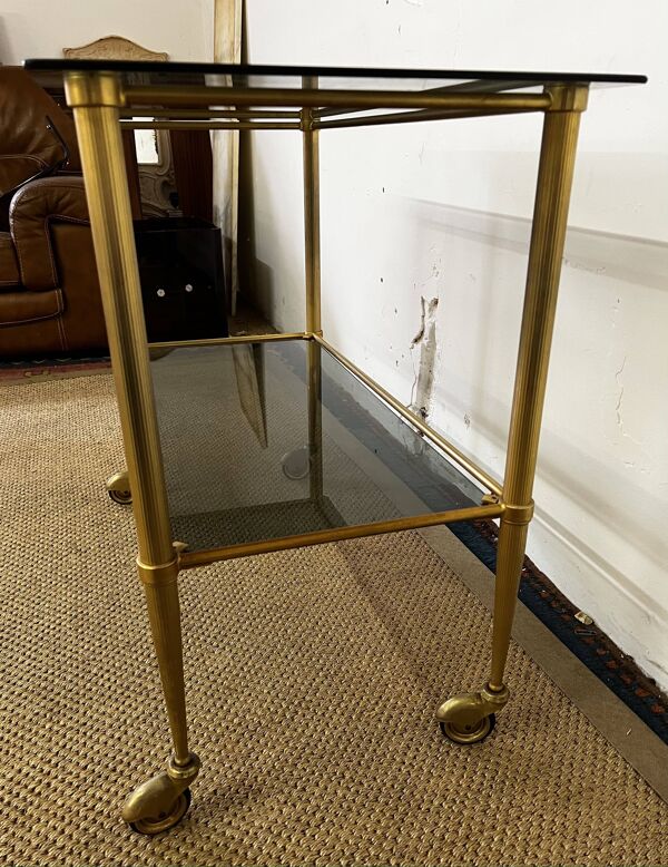 Console / desserte en laiton et verre fumé
