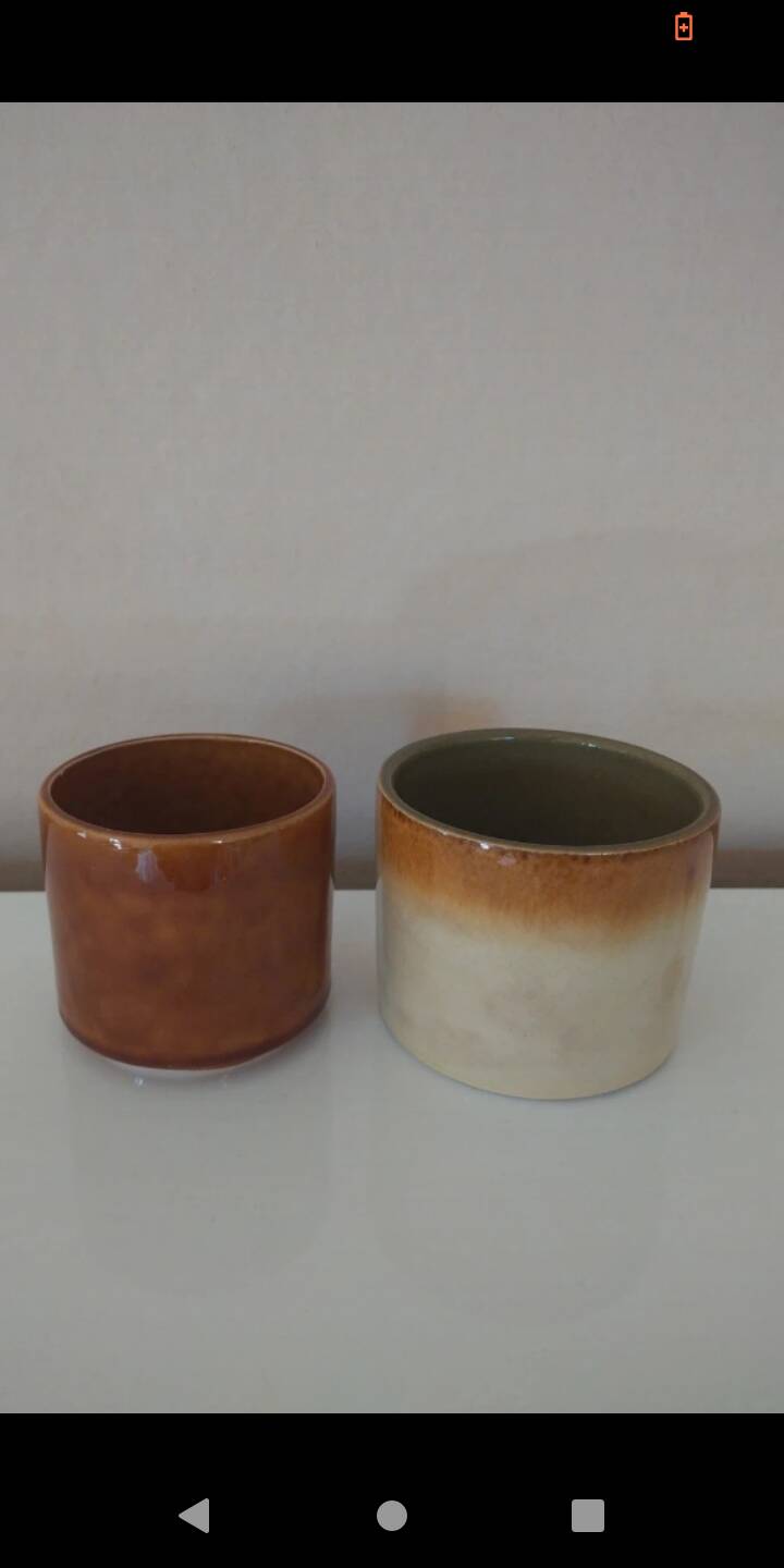 2 vintage khaki ceramic mugs