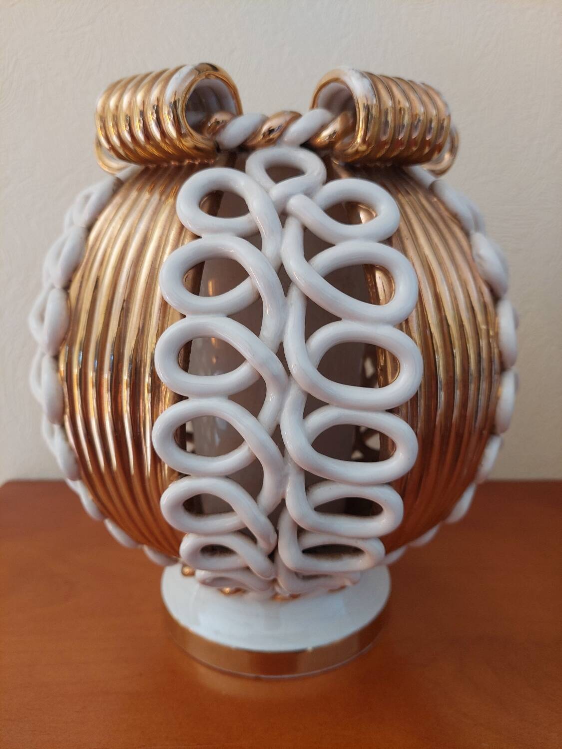 Sainte Radegonde ball vase in white and gold earthenware circa 1940-1950