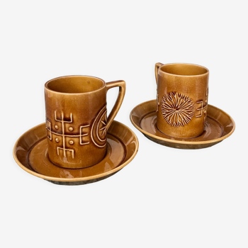 Tasses à café et soucoupes motif totem, portmeirion pottery, années 60