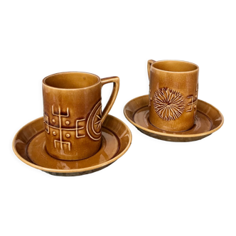 Tasses à café et soucoupes motif totem, portmeirion pottery, années 60