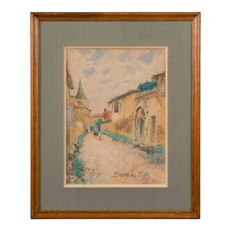 Aquarelle sur papier Bourg de Batz par G. Rémy 1930 Cadre bois naturel