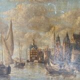 Peinture sur bois ancienne représentant un port