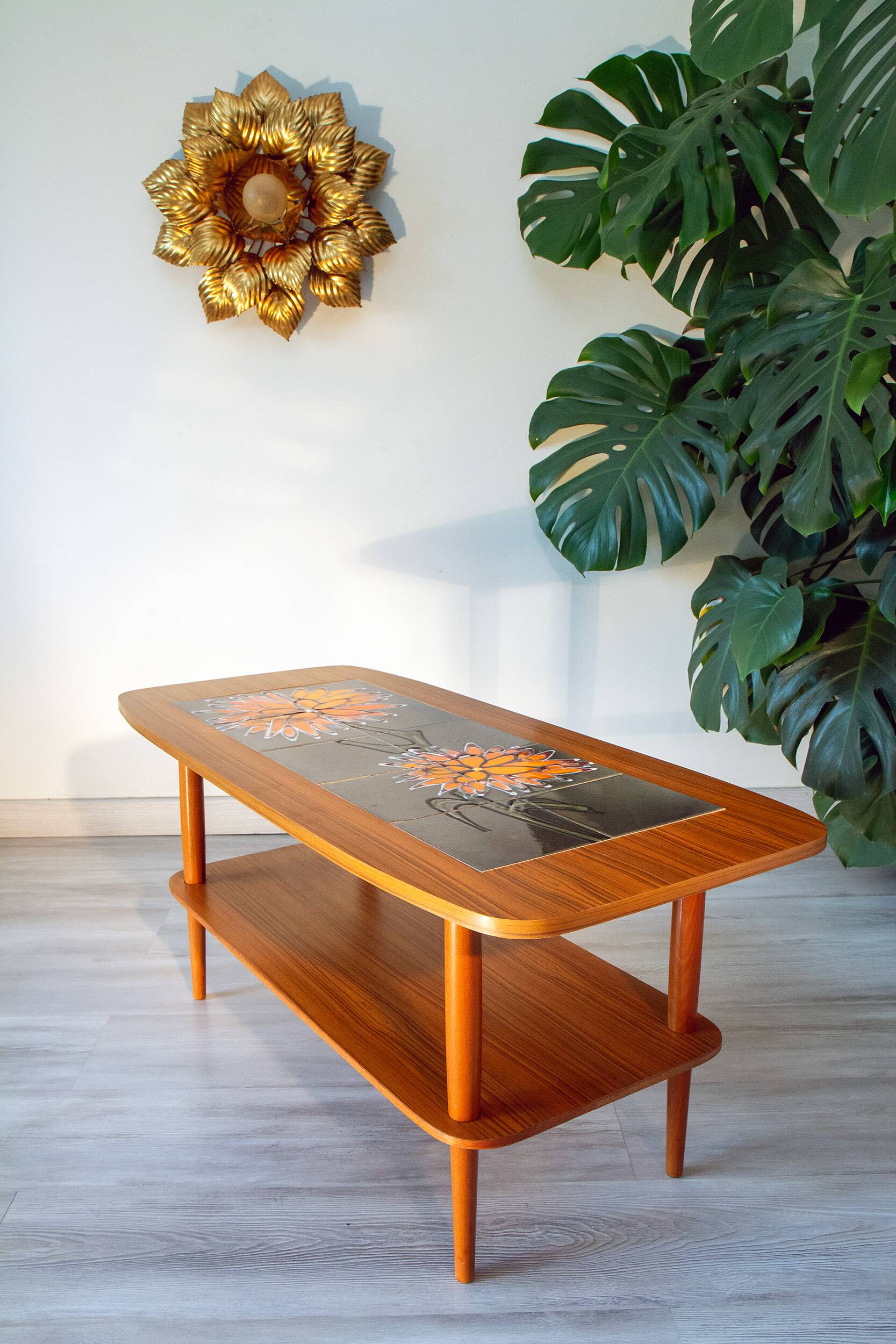 Ceramic and teak coffee table, Scandinavian design from the 60s