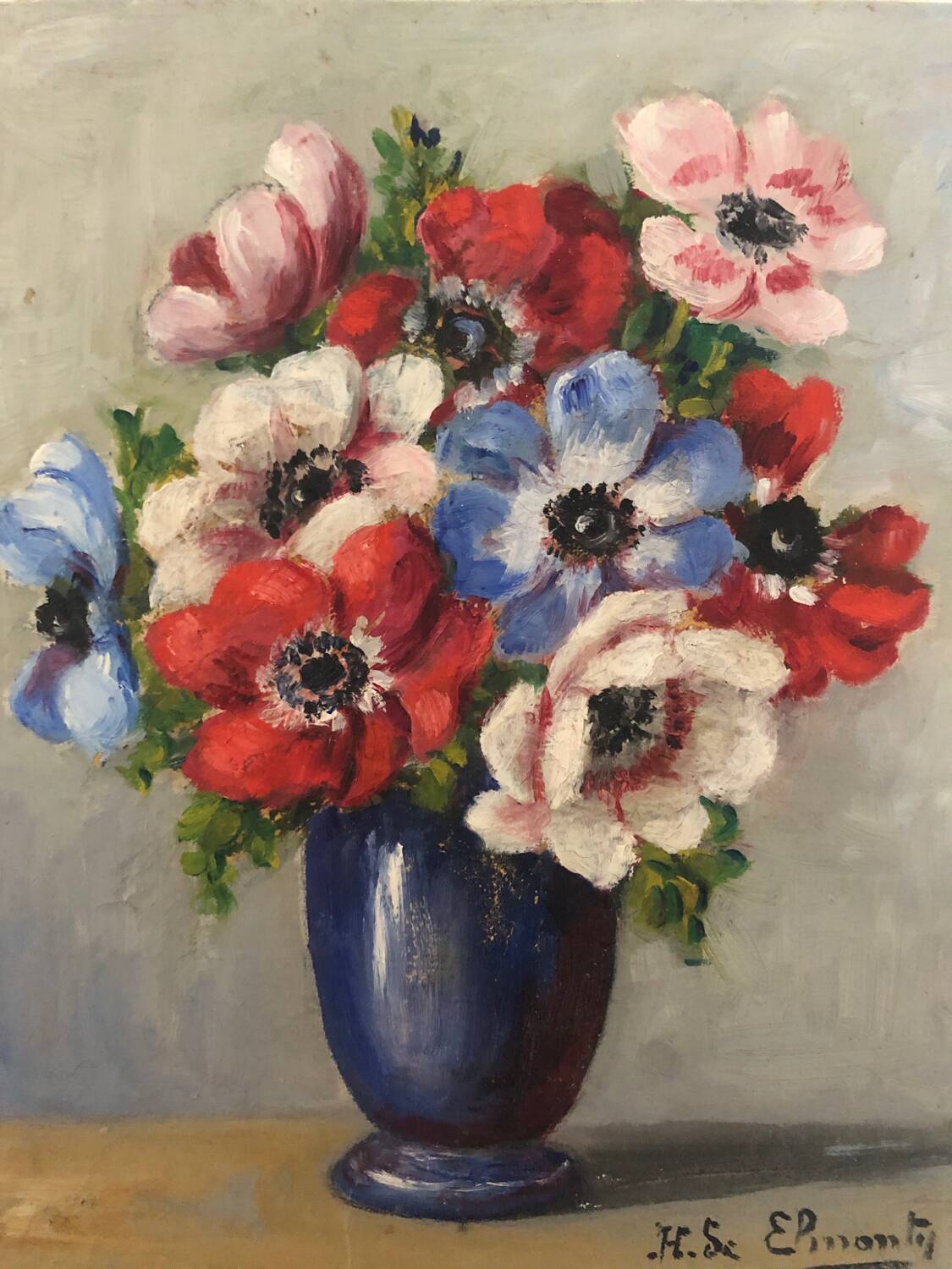 Oil on canvas bouquet of anemones by Henriette de Elmonty