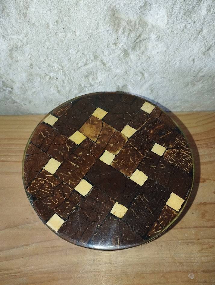 Vintage marquetry wooden jewellery box, velvet interior – 1950s/70s