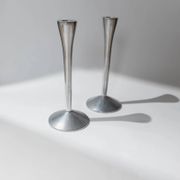 Set of 2 Stainless Steel Vintage Candle Holders, Silver Finish, Space Age Italian Design (1970s)