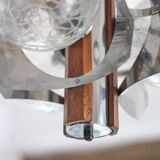 Space Age metal and wood pendant light, 3-globe chandelier, Sputnik chandelier, lamp