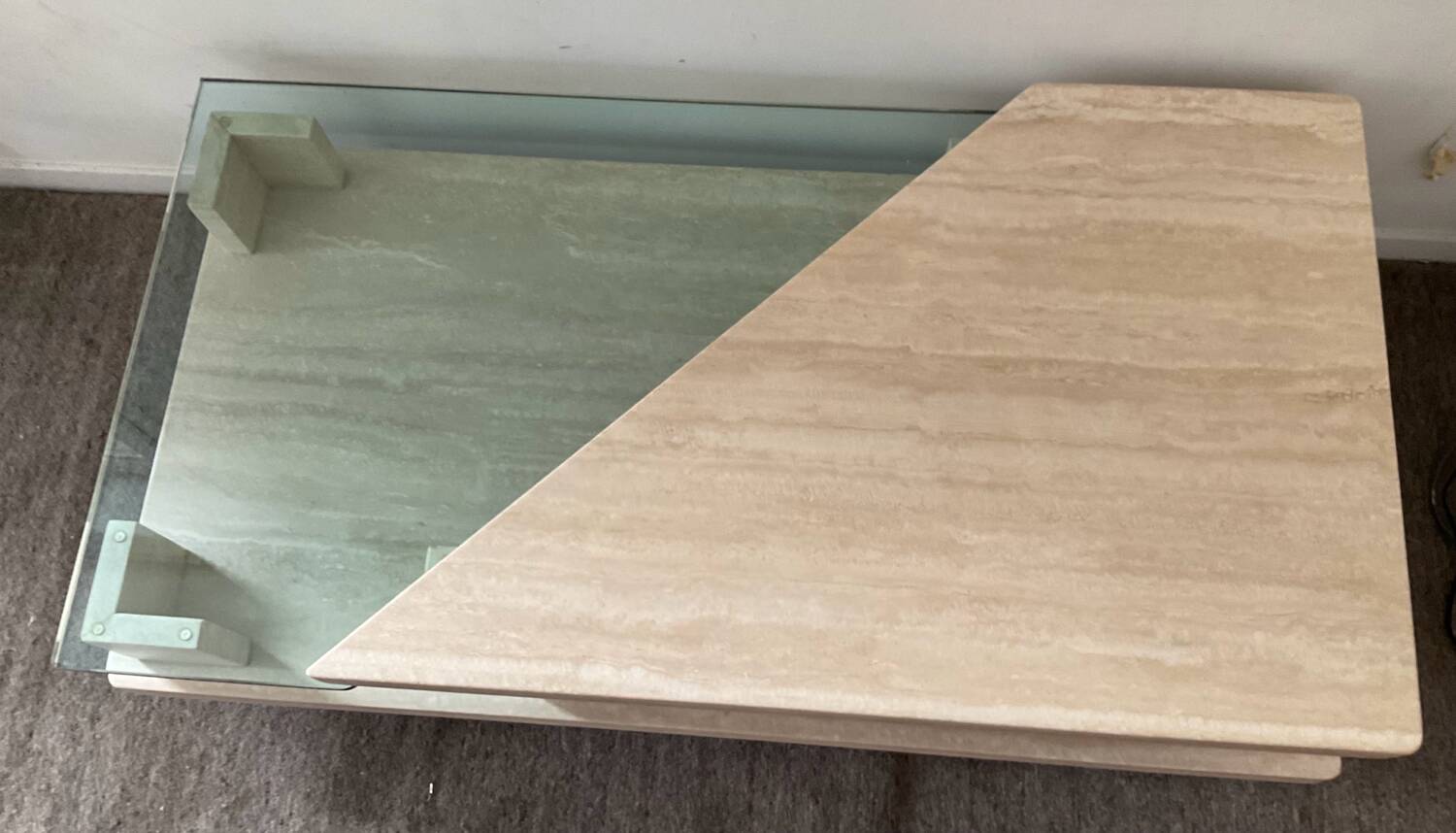 Vintage travertine and glass coffee table