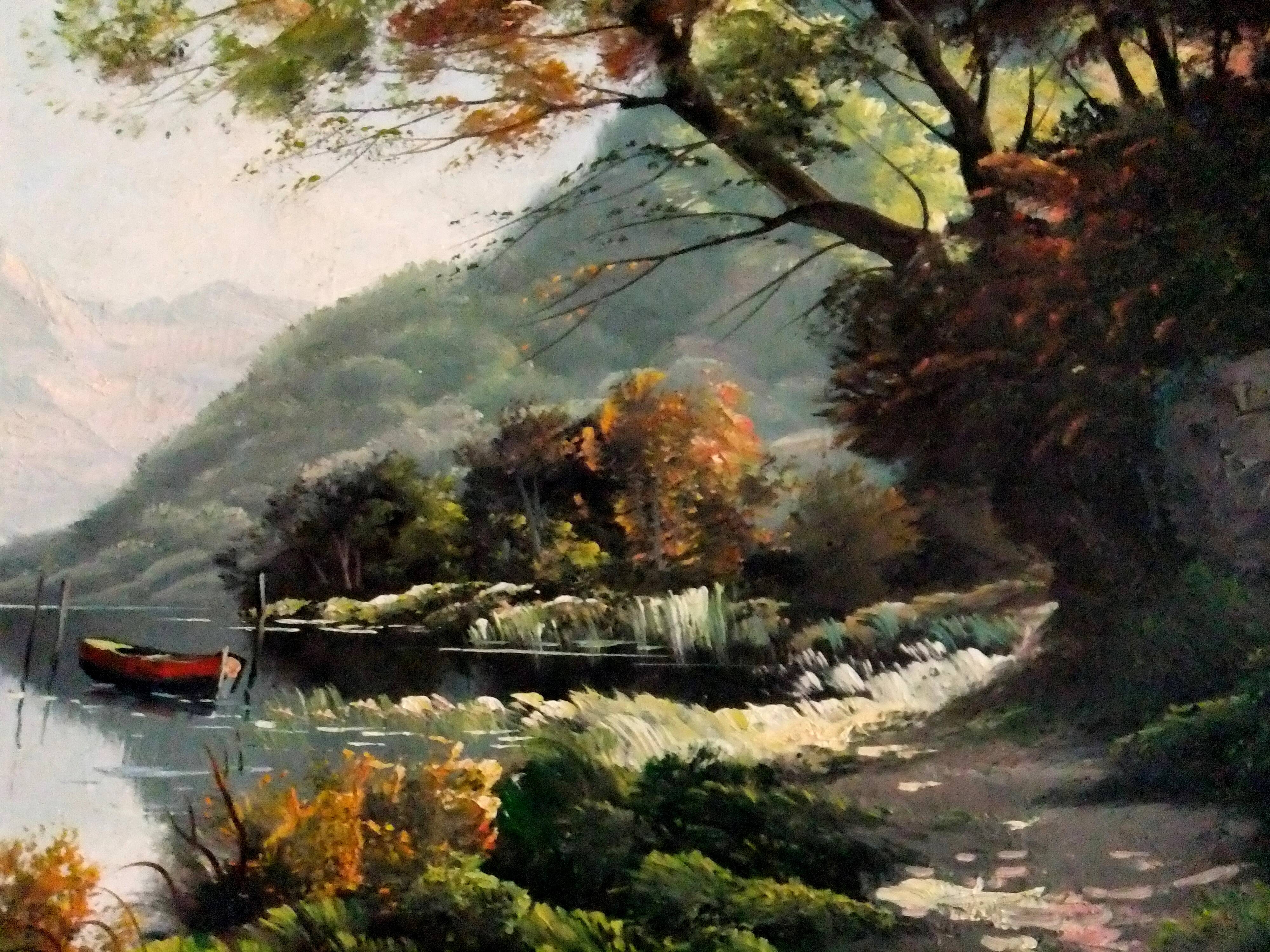 Oil painting landscape signed Vernon Gustavian blue and gold frame