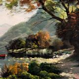 Oil painting landscape signed Vernon Gustavian blue and gold frame